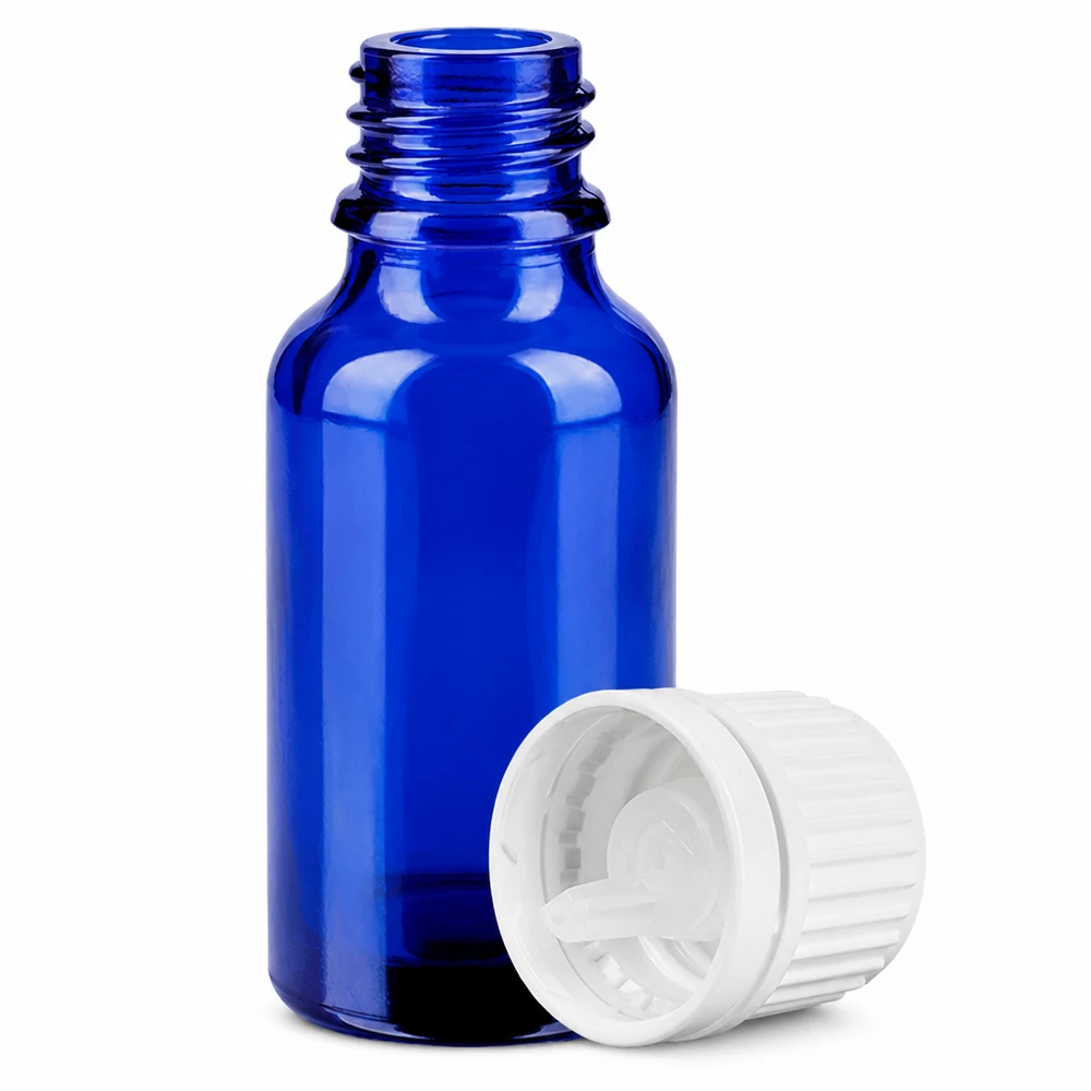Sininen lasipullo 20ml, jossa on 0.7mm tippakorkki farmaseuttisiin sovelluksiin.