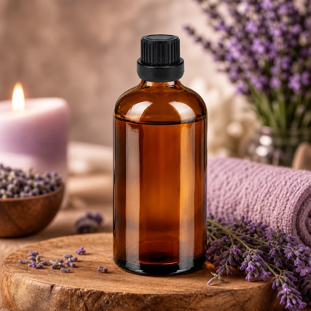 Tyylikäs 100ml tippapullo meripihkanvärisestä lasista, jossa on musta kansi ammattikäyttöön.