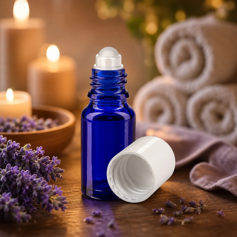Apteekkipullo sininen 10ml roll-on korkki valkoinen Koboltinsininen 10 ml:n roll-on-pullo, jossa on rullapää, laventelikukkien ja kynttilöiden välissä
