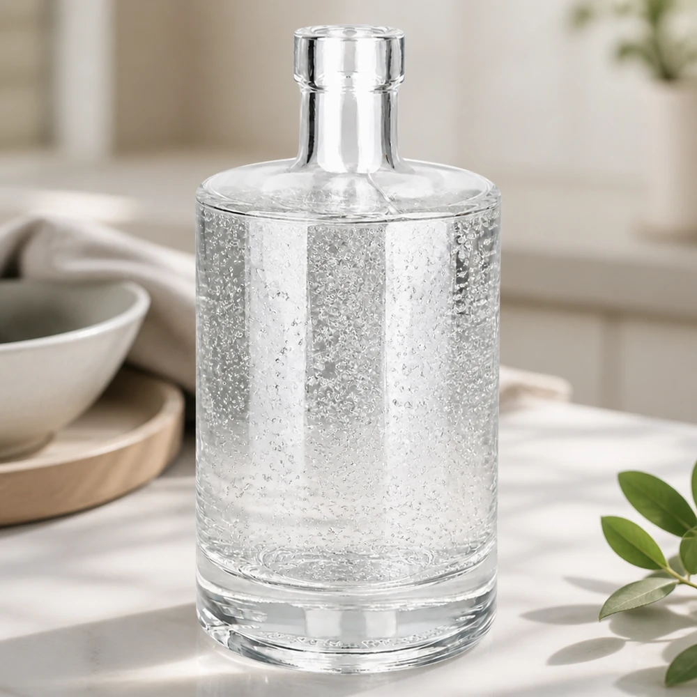500 ml:n lasipullo Marie täynnä vettä näyttää UNiTWIST-pullon läpinäkyvyyden ja laadun keittiötilassa.