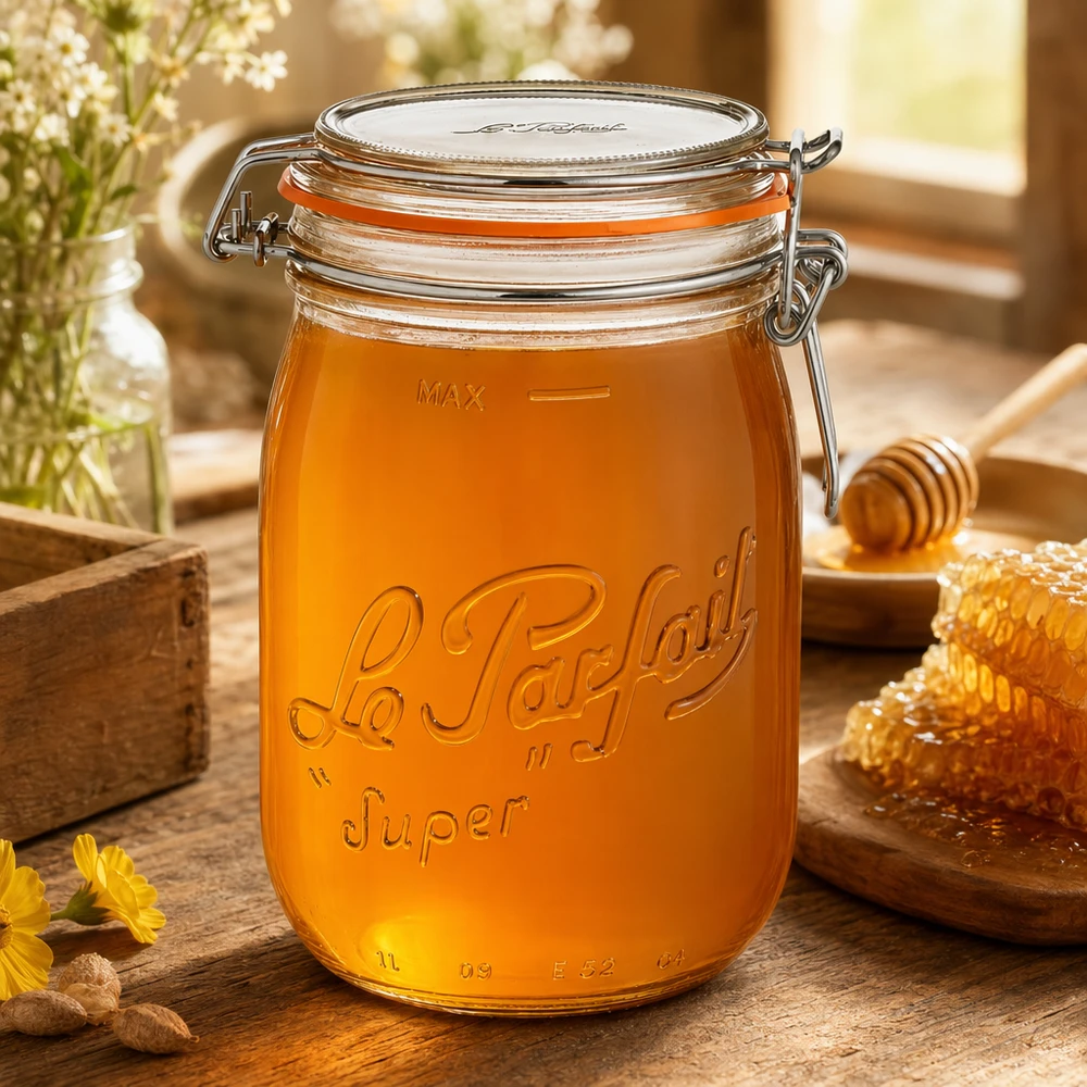1000ml Le Parfait Super -säilytyspurkki, jossa on heilurikorkki ja joka on täytetty hunajalla puupöydällä, jossa on hunajakenno ja hunajalusikka.