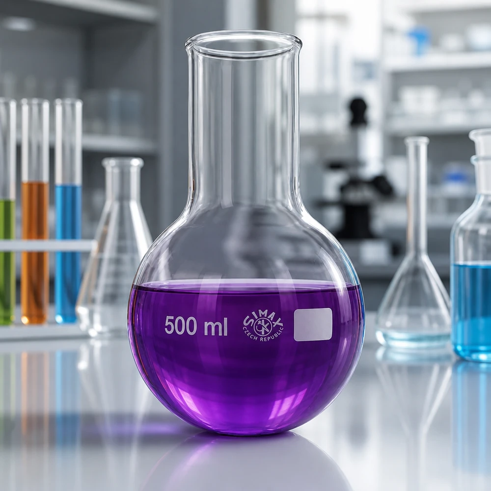 Pyöreä pohjapullo 500ml leveä kaula Pyöreäpohjainen 500 ml:n pullo, jossa on leveä kaula ja pyöreä pohja optimaalista lämmönjakautumista varten laboratoriossa.