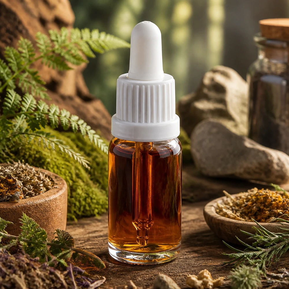 Yrttiuute 10 ml:n pipettipullossa, valkoinen OV ClearLine UT18/10, ympäröitynä lääkekasveilla