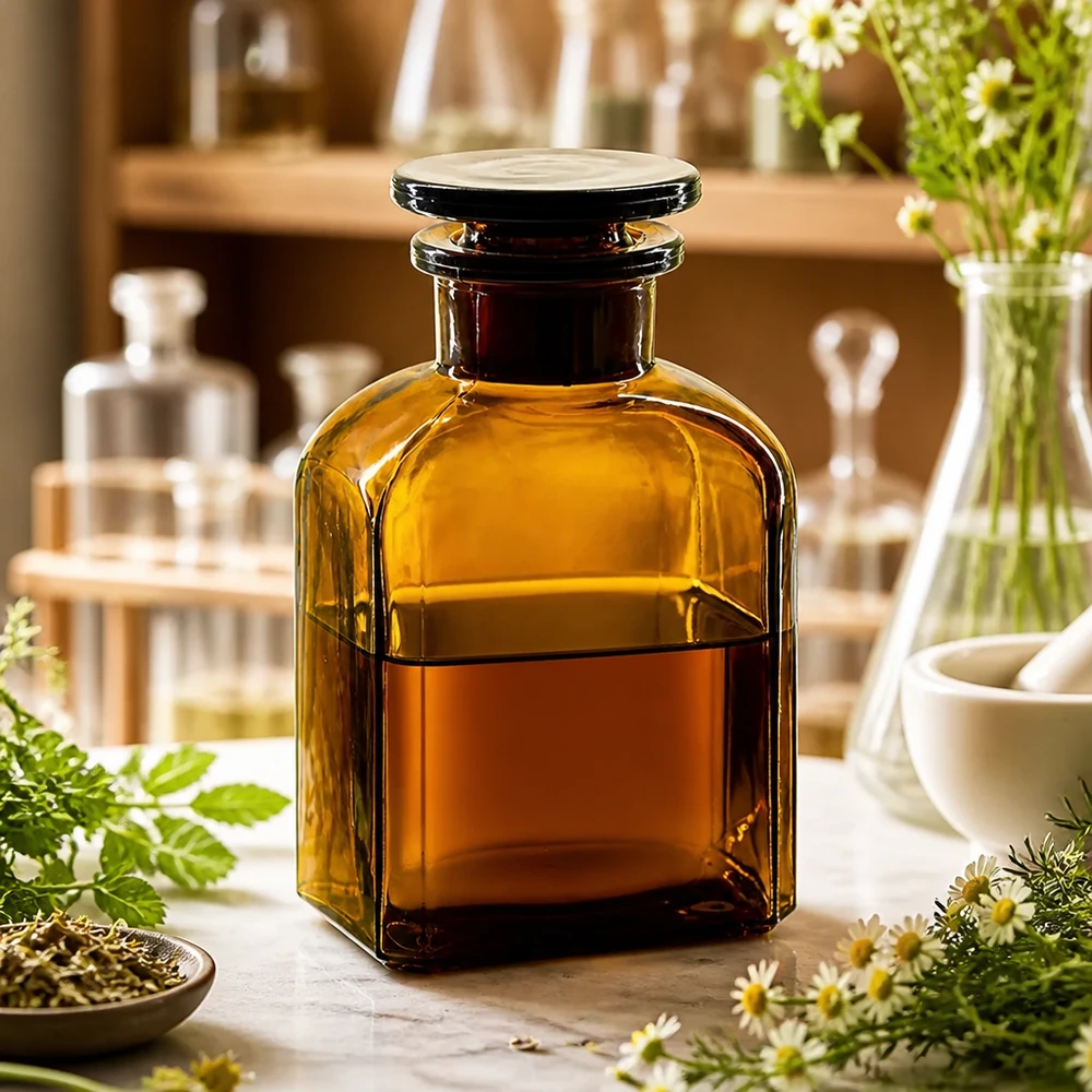Nelikulmainen pullo 150ml ruskea leveäkaulainen lasitulppa Meripihkavärinen, leveäkaulainen neliömäinen pullo (150 ml), jossa on litteä lasitulppa, marmoripöydällä yrttien kera