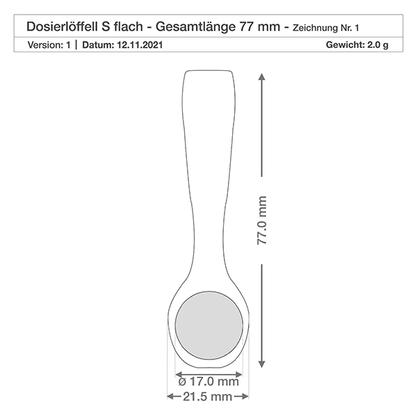 Puulapio koko S lusikan muoto - 77mm pitkä. Yksityiskohtainen mittapiirustus pieni puinen lapio 77mm pituus 21.5mm leveys 17mm kauhan halkaisija tekninen erittely