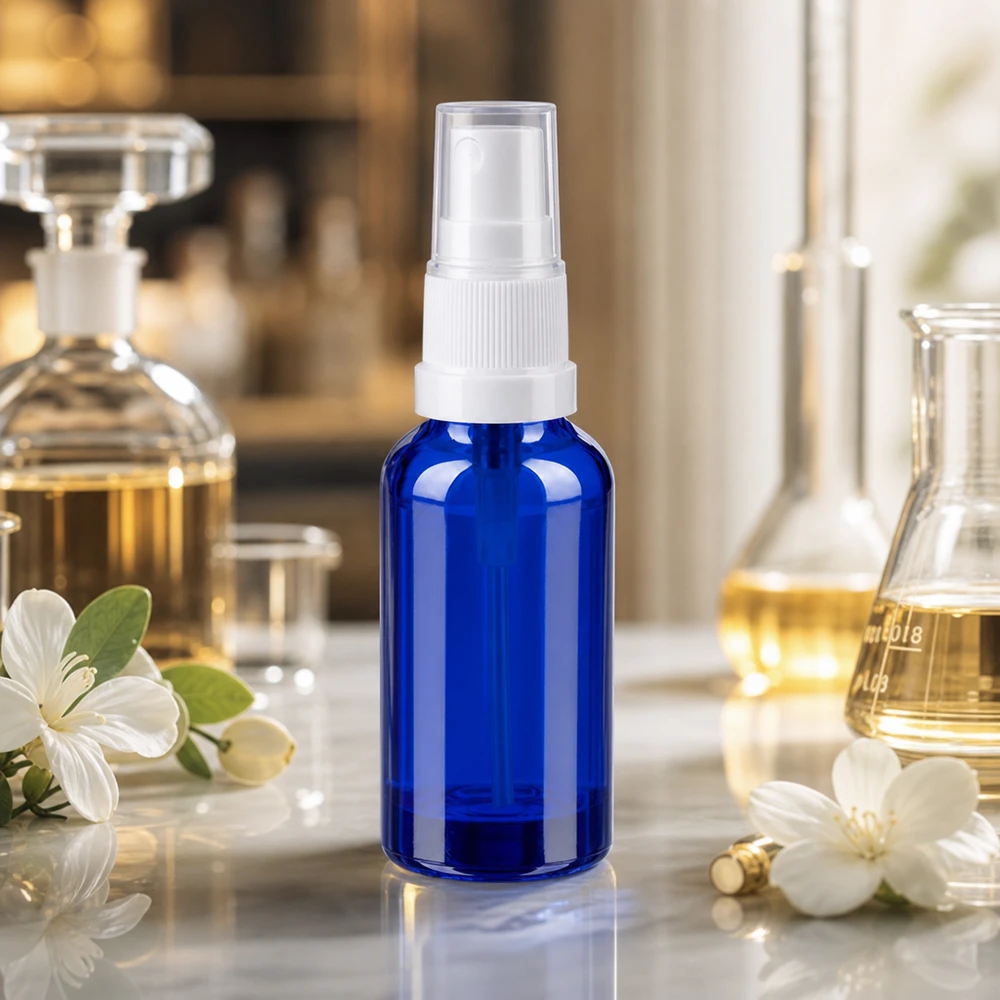 30ml suihkepullo valkoinen/läpinäkyvä vakiokorkki BlueLine UT18/30 30ml sininen suihkepullo, jossa on läpinäkyvä suihkepää kosmeettisiin sovelluksiin ja ihonhoitoon.