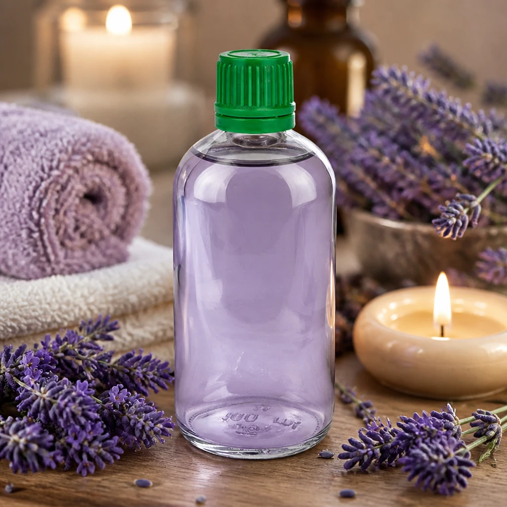 Laventeli-aromaterapiaöljy 100 ml:n kirkkaassa lasipullossa ClearLine UT18, vihreä lapsiturvallinen korkki