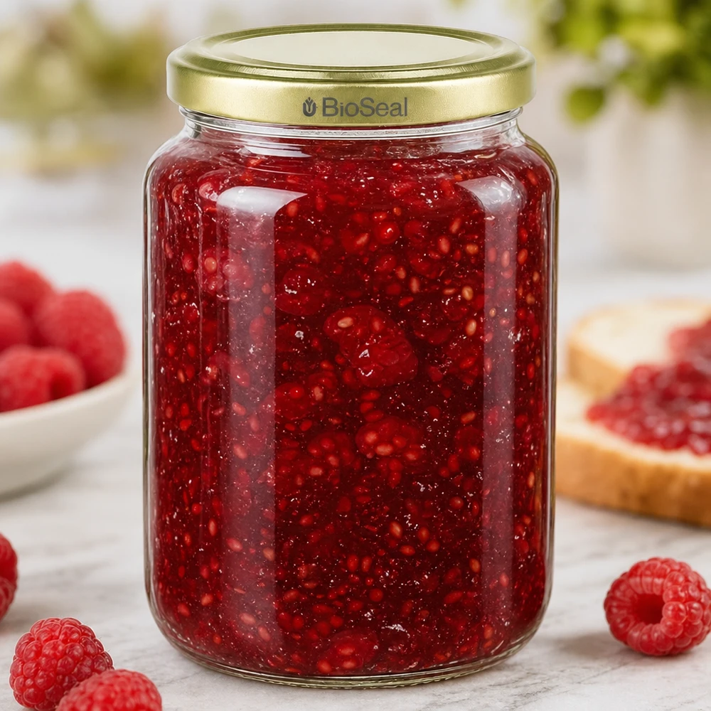 1000 g hunajapurkki täynnä punaista vadelmahilloa osoittaa käytännön käyttöä säilöntään ja varastointiin.