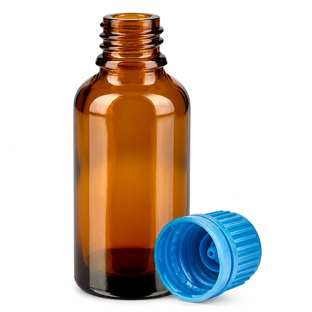 30ml apteekkipullo, joka on valmistettu meripihkalasista ja jossa on sininen korkki turvallista säilytystä varten.