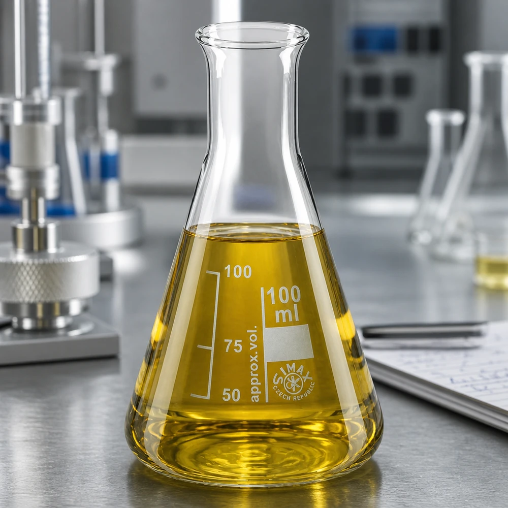 Erlenmeyer-pullo 100ml kapeakaulainen Erlenmeyer-pullo 100ml, jossa on kapea kaula ja keltainen testineste ammattimaisiin laboratorioanalyyseihin.
