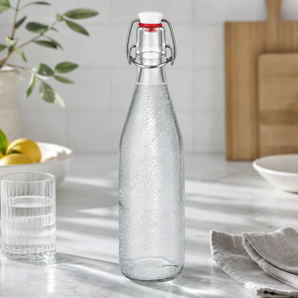 500ml lasipullo + keinuposliini UNiTWIST UNiTWIST 500 ml:n lasipullo, jonka korkki on käännettävä ja joka on täytetty kuohuvedellä modernissa keittiössä lasin ja ruokailuvälineiden vieressä.