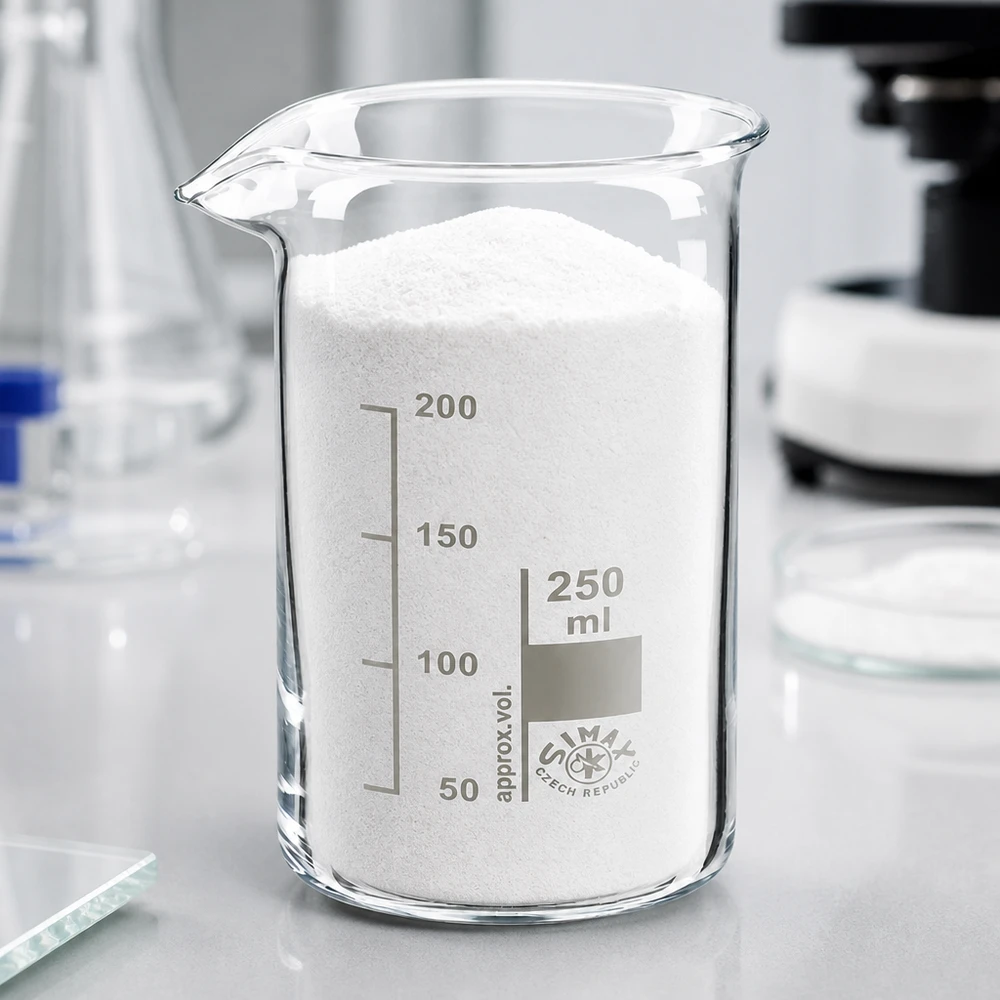 250 ml:n korkea koeputki, joka on täytetty valkoisella jauheella, vaalealla laboratoriopöydällä mikroskoopin vieressä