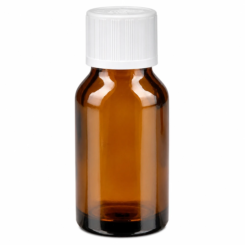 30 ml:n ruskea lasipullo, jossa on valkoinen lapsiturvallinen korkki ja 1,2 mm:n tiputusosa apteekkeja varten