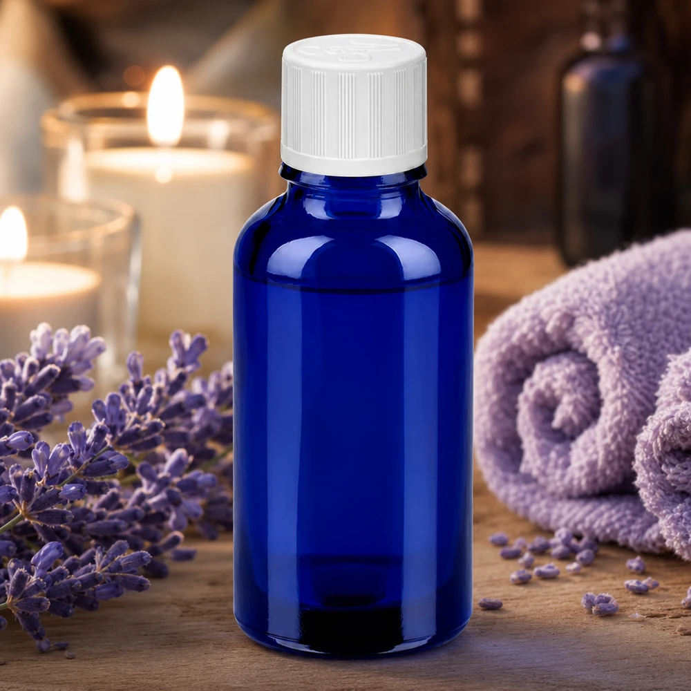 30ml pullo 11mm kierrekorkki valkoinen vakio lapsiturvallinen BlueLine UT18/30 BlueLine UT18/30 Koboltinsininen 30ml lasipullo, jossa on lapsilukko aromaterapiaan ja hyvinvointiin.