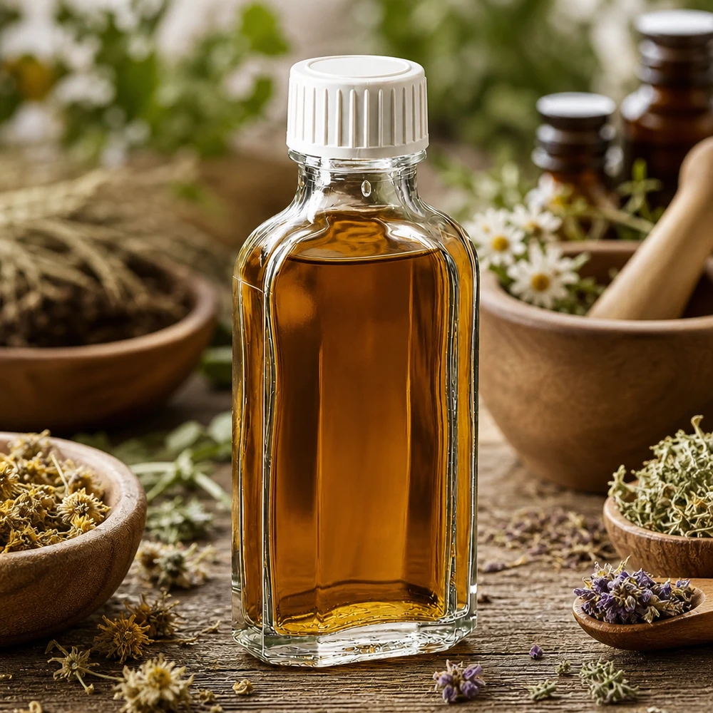 Meplat-lasipullo, 50 ml, kirkas, valkoisella kierrekorkilla, lääkekasvien ja laventelin välissä
