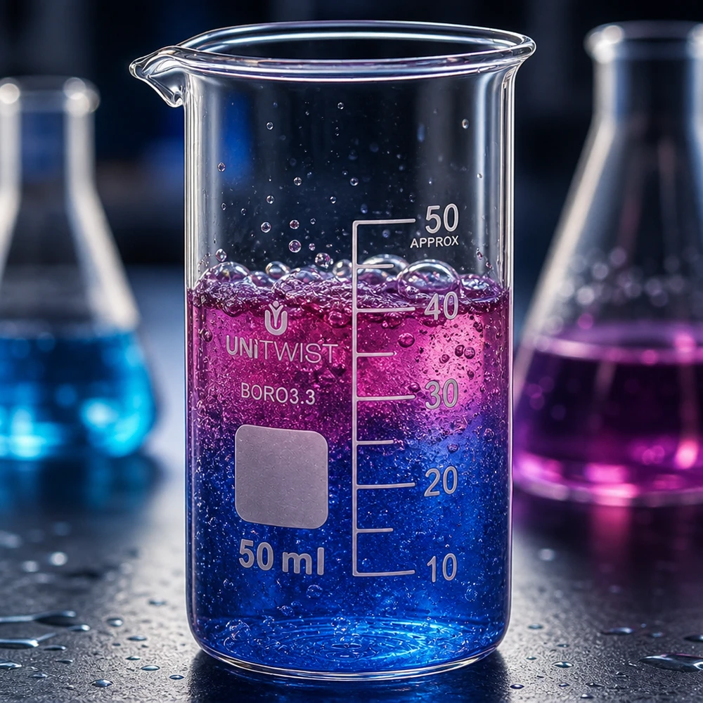 50 ml:n dekantterilasi, korkea muotti UNiTWIST UNiTWIST 50 ml:n korkea beaker-lasi, borosilikaattilasia 3.3, jossa on siniviolettia reaktioliuosta ja kuplien muodostumista