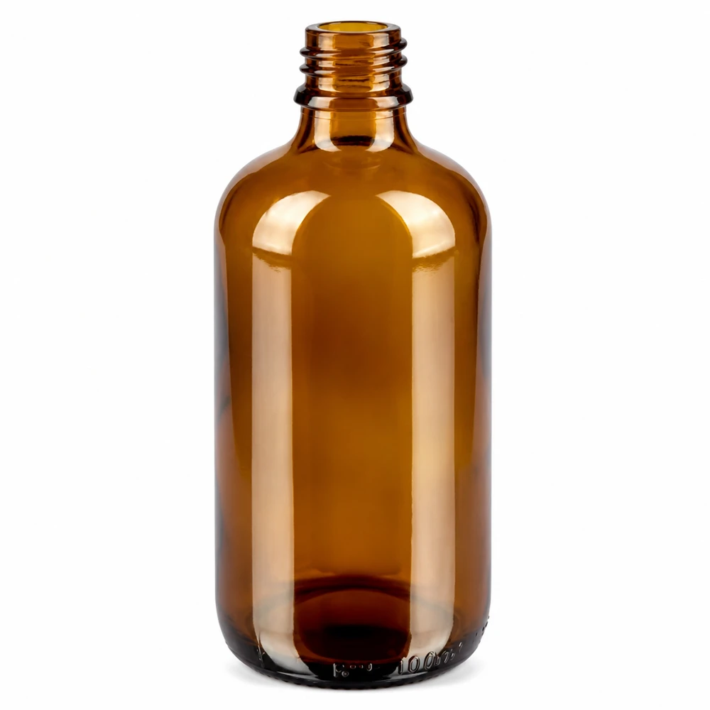 Pieni 100ml apteekkipullo ruskeasta lasista, jossa on 11mm aukko kosmetiikkaan ja apteekkiin.