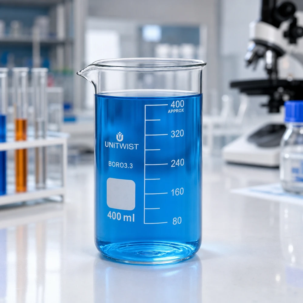 400 ml:n borosilikaattilasi, korkea muotti UNiTWIST UNITWIST-laboratoriomuki, 400 ml, korkea borosilikaattilasi, jossa on sinistä nestettä valkoisella laboratoriopöydällä