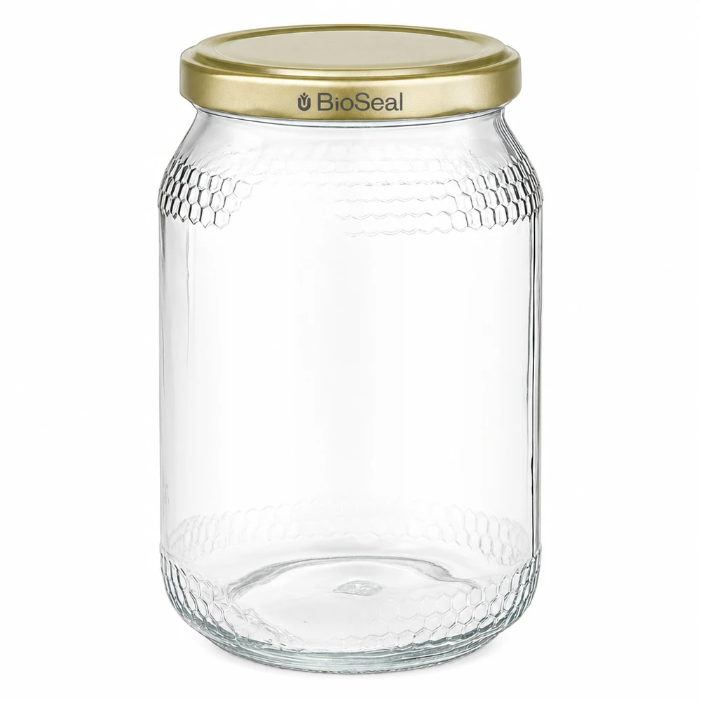1260g Honigglas + BioSeal Deckel gold UNiTWIST 900ml hunajapurkki kultaisella BioSeal UNiTWIST kannella tyhjä läpinäkyvä mehiläishoidon hunajapakkaus