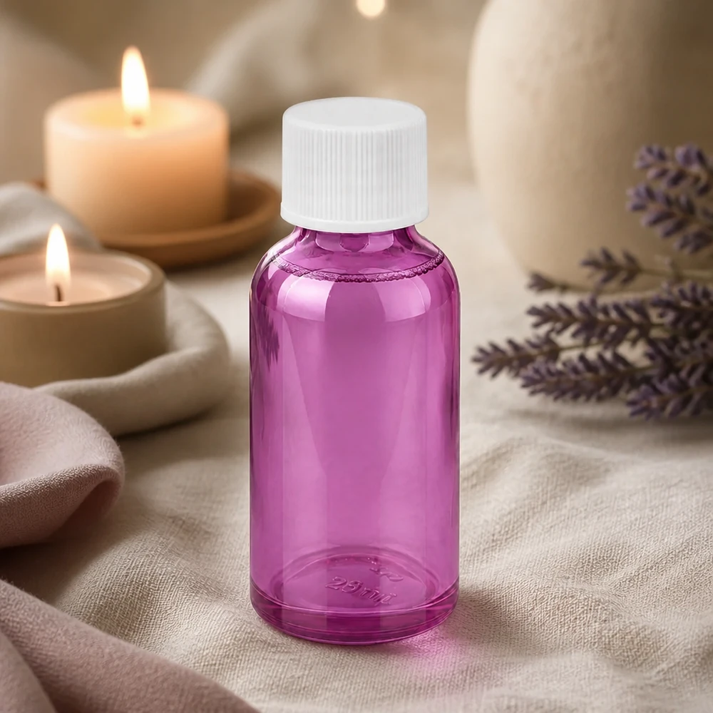 Kompakti 30ml violetti lasipullo valkoisella korkilla kosmetiikkatuotteille ja seerumeille.