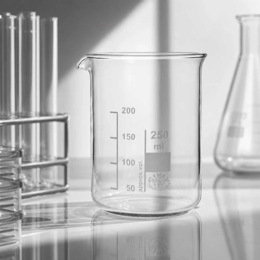 Juomalasi 250ml borosilikaattilasi, matala muotoinen Läpinäkyvästä borosilikaattilasista valmistettu tarkka 250 ml:n mittalasi tilavuuden tarkkaa mittausta varten.