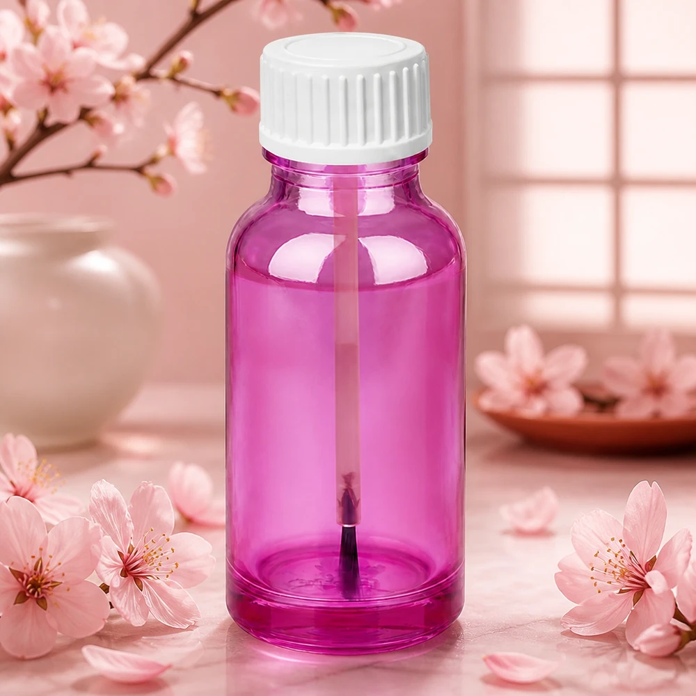 Pieni 20 ml:n sivellinpullo valkoisella kierrekorkilla, ihanteellinen kosmetiikkasovelluksiin.