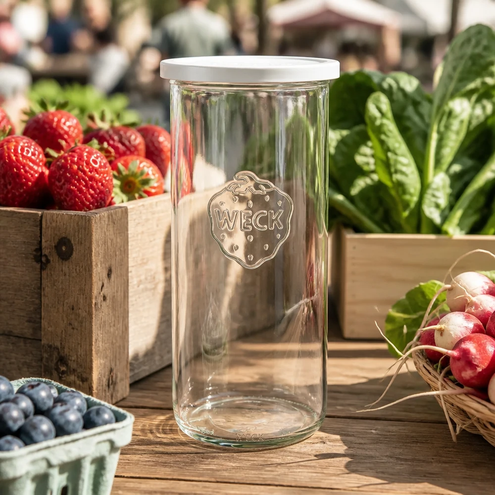 1500ml juomapullot tuoreella kannella WECK RR100 WECK Sturzglas 1500ml RR100 mit Frischedeckel zwischen frischem Gemüse und Obst auf Holztisch im Markt-Ambiente