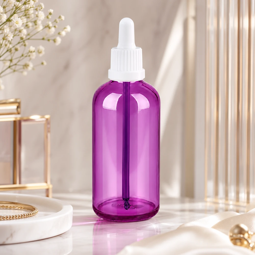 100ml pipettipullo valkoinen Originality kierrekorkki PurpleLine UT18/100 PurpleLine UT18/100 100ml tippapullo, jossa on violetti lasirunko ja ergonominen valkoinen pipettikorkki.