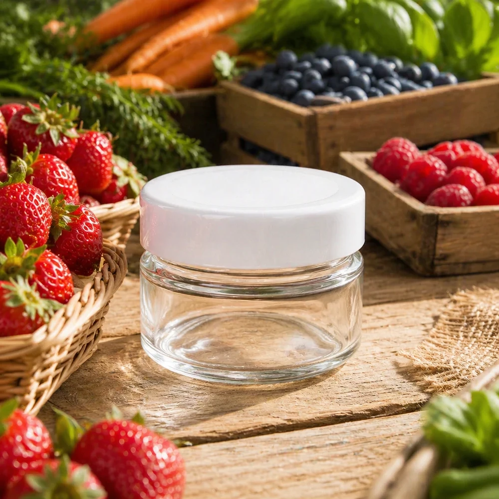80ml pyöreä purkki BasicSeal-kannella valkoinen syvä UNiTWIST 80ml Rundglas mit weißem Deckel zwischen frischen Beeren - stilvolle Glasdose für natürliche Kosmetik und Cremes