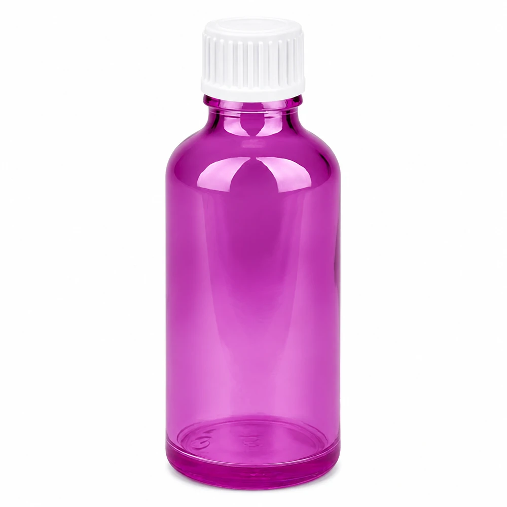 50ml lasipullo, jossa on kierrekorkki, kirkkaan violetti väri kosmetiikkaan ja farmaseuttisiin tuotteisiin.
