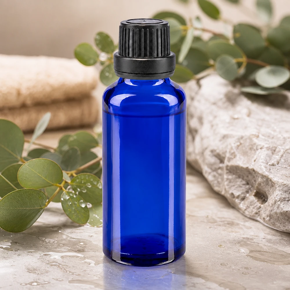 Apteekkipullo sininen 30ml ruuvikorkki musta sinetöivä sisus tamper evident sulkeminen Koboltinsininen 30 ml:n apteekkipullo, jossa on musta OV-korkki, luonnonkivellä ja eukalyptusoksilla