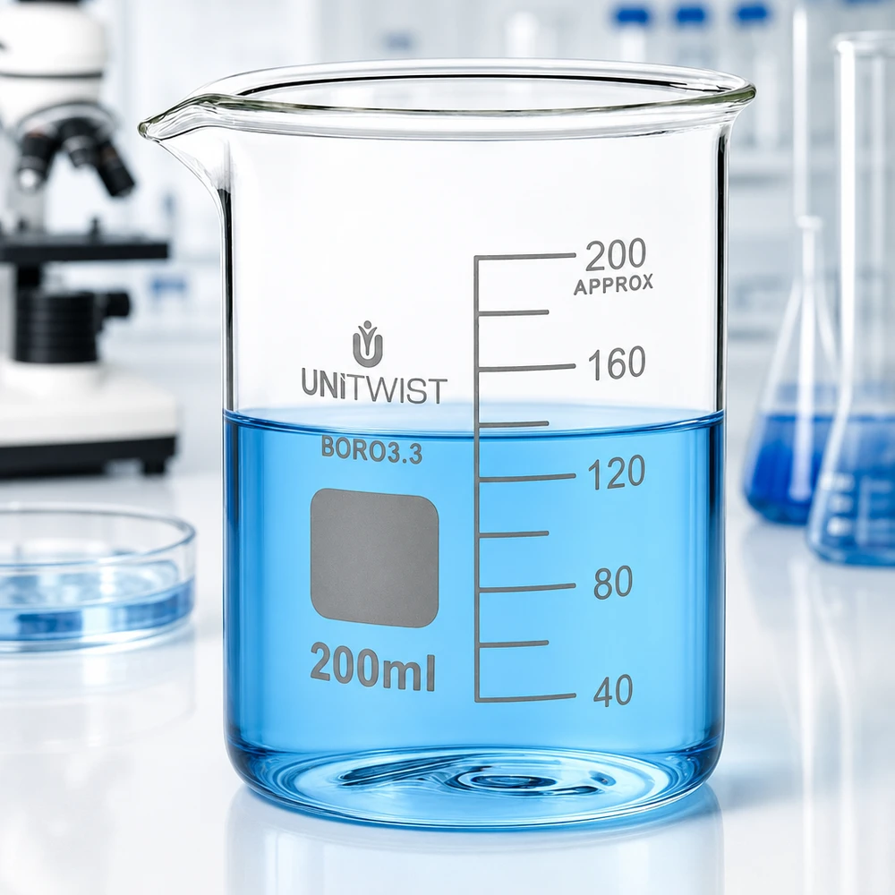 UNiTWIST 200 ml:n borosilikaattilasi, matala malli, jossa on sinistä nestettä laboratoriossa