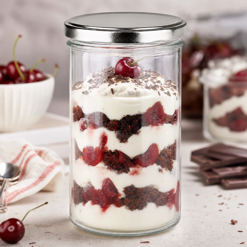 277ml juomalasit, joissa on BasicSeal-kansi hopea UNiTWIST. 277ml Sturzglas mit silbernem BasicSeal Deckel gefüllt mit Schichtdessert Kirsch-Schokolade perfekt für Desserts