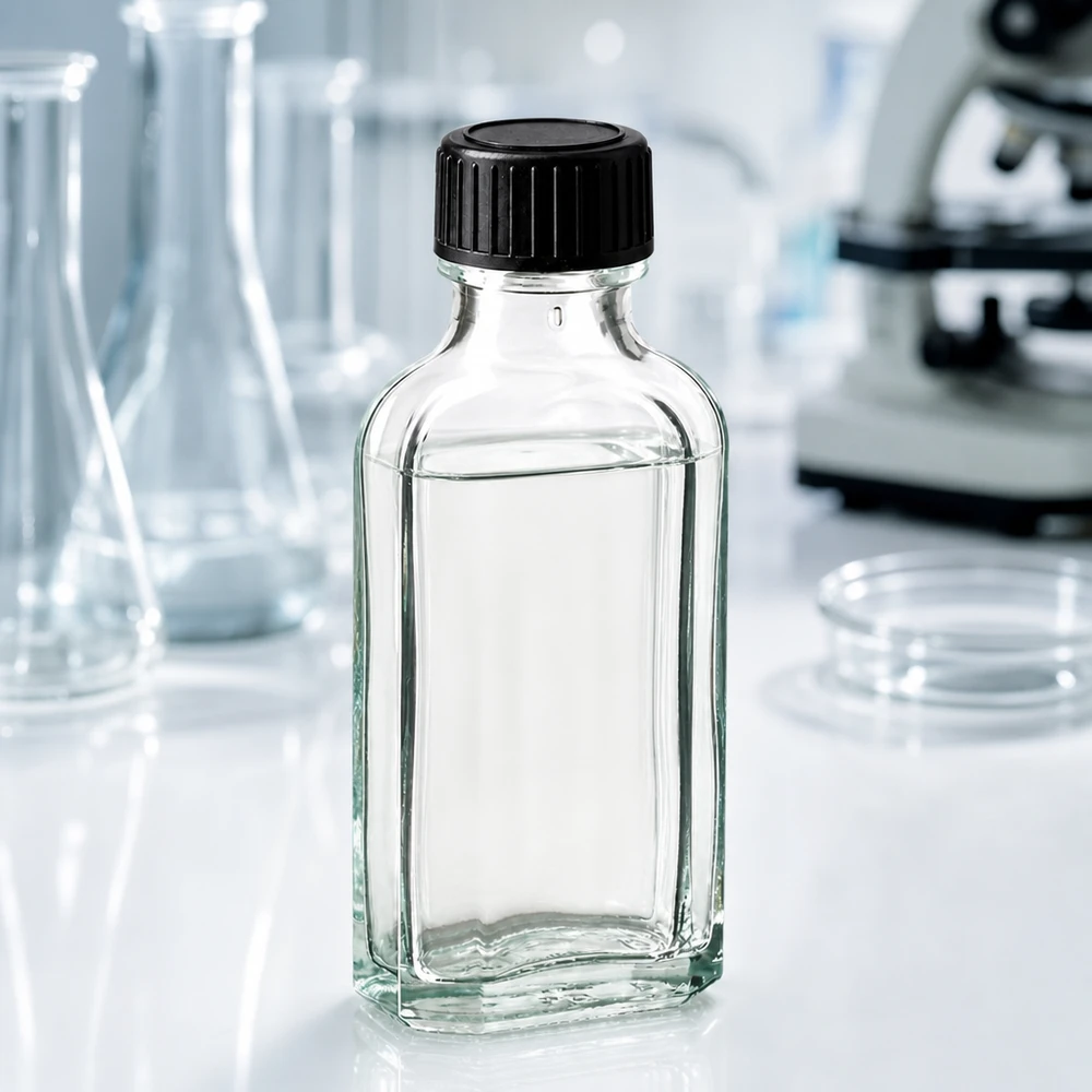 Läpinäkyvä 50 ml:n Meplat-pullo, jossa on musta muovikorkki, valkoisella laboratoriopöydällä