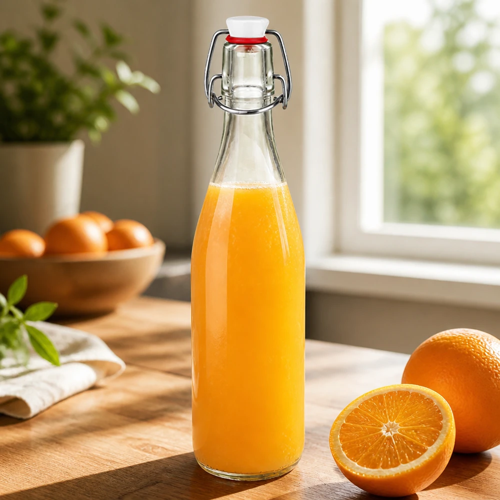 500ml lasipullo + keinuposliini UNiTWIST UNiTWIST Lasi pullo 500ml swing top täynnä appelsiinimehua puulauta vieressä tuoreita appelsiineja keittiössä
