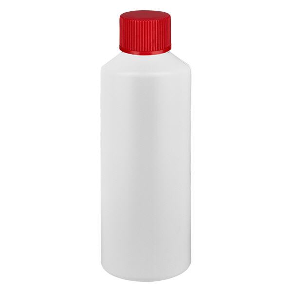 Apteekkipullo HDPE 100ml valkoinen, punaisella ruuvikorkilla varustettu Apteekkipullo HDPE 100ml valkoinen, punaisella ruuvikorkilla varustettu