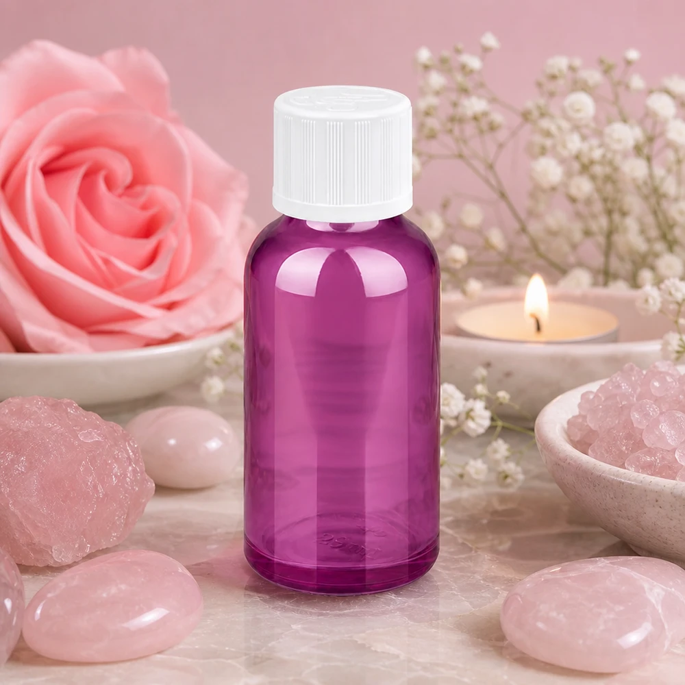 Violetti 30ml annostelupullo, jossa on 1.2mm tippa-aukko aromaterapiasovelluksiin ja hyvinvointiin.