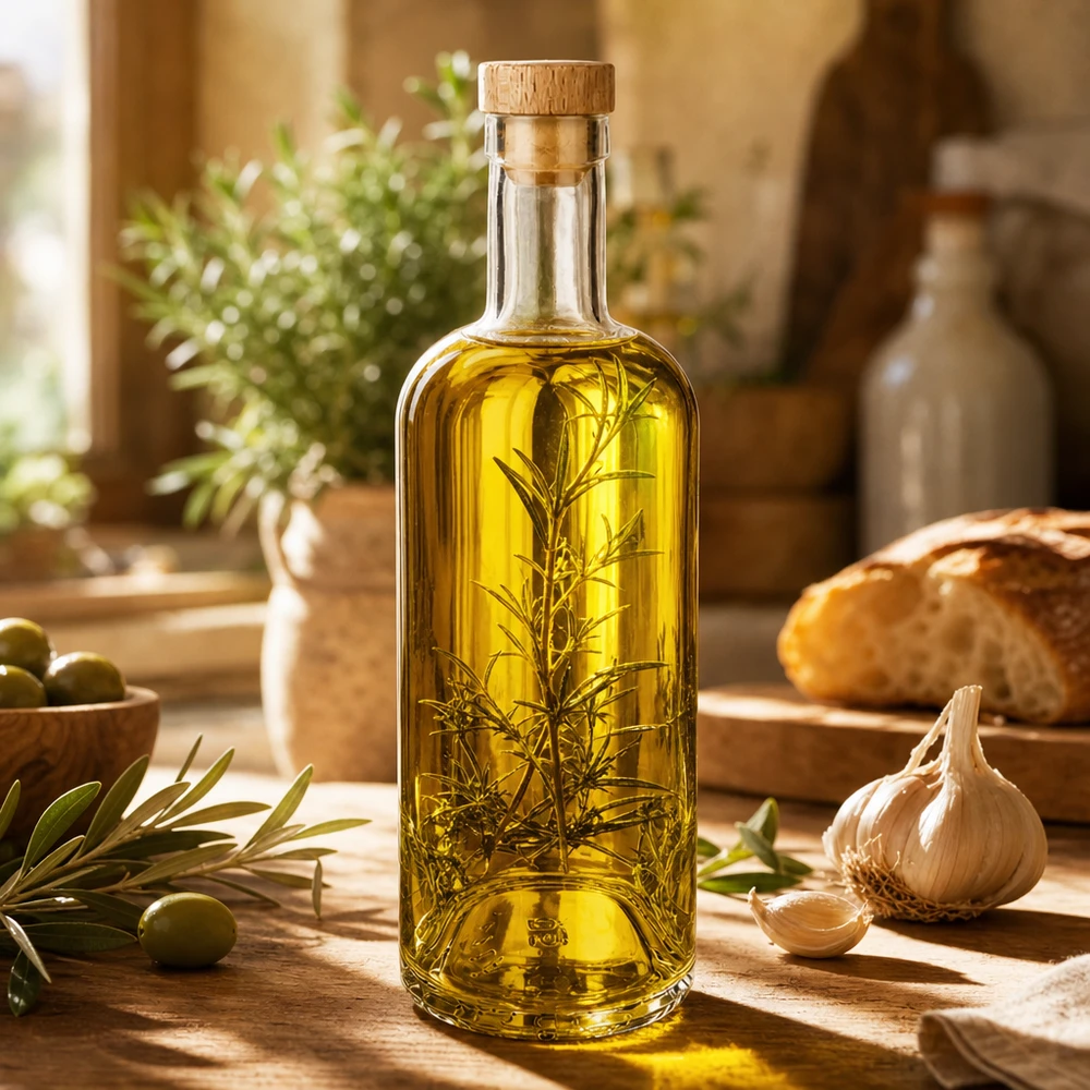 750ml Glasflasche Emma mit Holzkorken gefüllt mit Kräuteröl Rosmarin in mediterraner Küche mit Oliven Knoblauch Brot