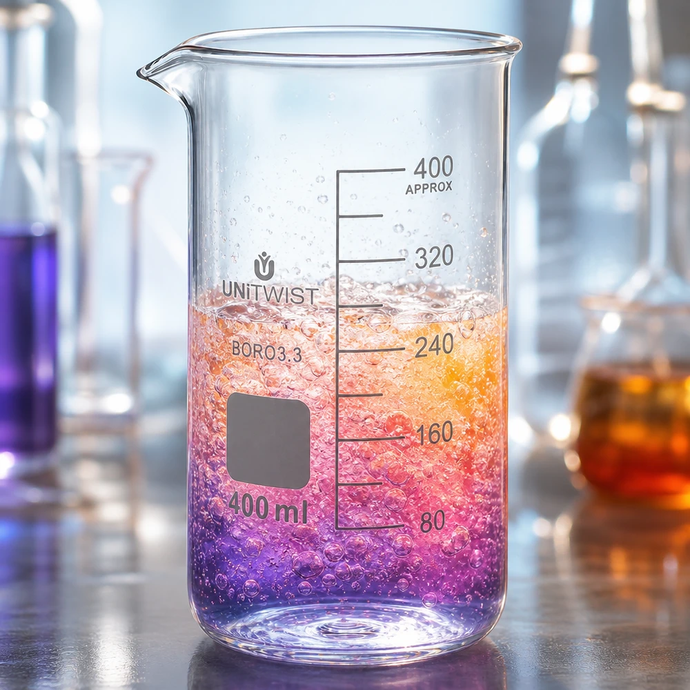 UNITWIST-lasimalja, 400 ml, korkea malli, jossa on värikästä nestettä ja kuplia ammattimaisessa laboratorioympäristössä