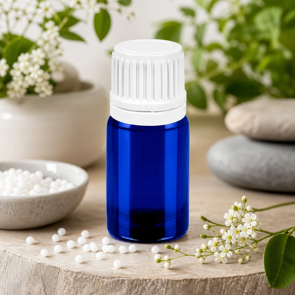 Laadukas 5ml tippapullo sinisellä ja valkoisella kierrekorkilla homeopatiaan ja naturopatiaan.