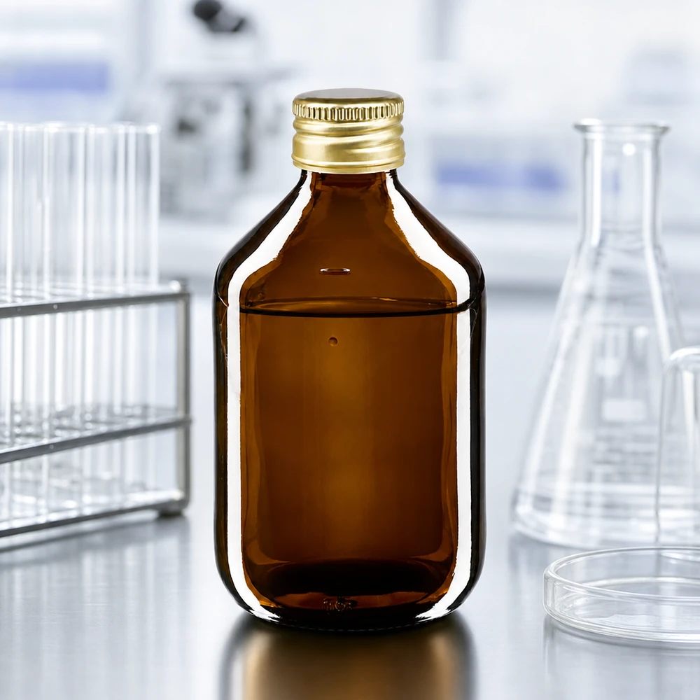 Korkealaatuinen 300ml apteekkipullo meripihkalasista, jossa on tyylikäs kultakorkki laboratoriokäyttöön.