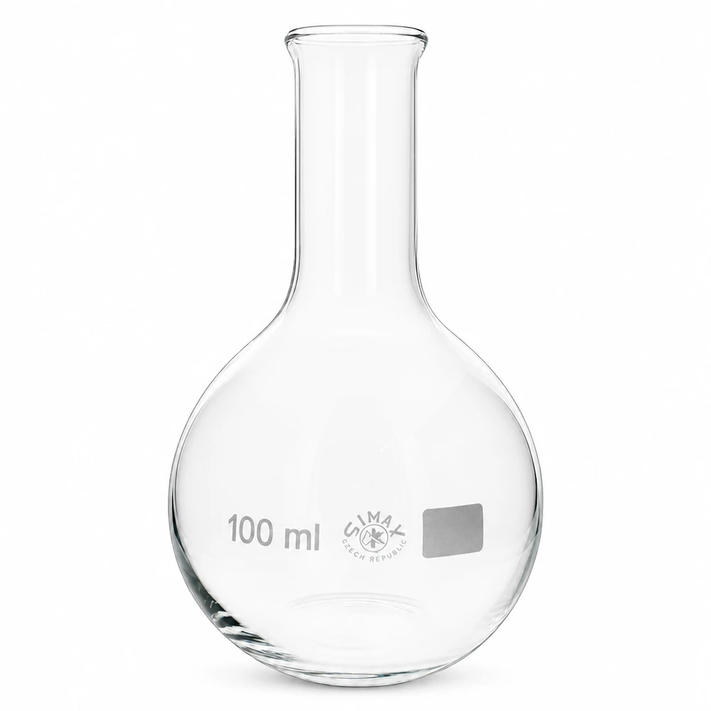Seisova pullo 100ml kapea kaula 100 ml:n pyöreäpohjainen pullo, jossa on kapea kaula ja joka on valmistettu korkealaatuisesta borosilikaattilasista tarkkoihin laboratoriokokeisiin.