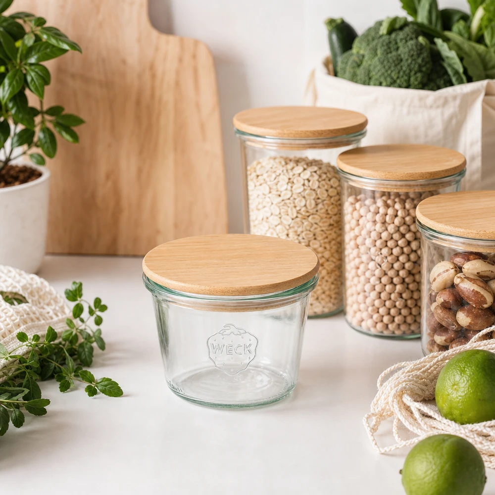 WECK RR100 tumblers 370ml bambukannella kestävässä keittiökalustuksessa, jossa on säilytyspurkit ja orgaaninen ruoka