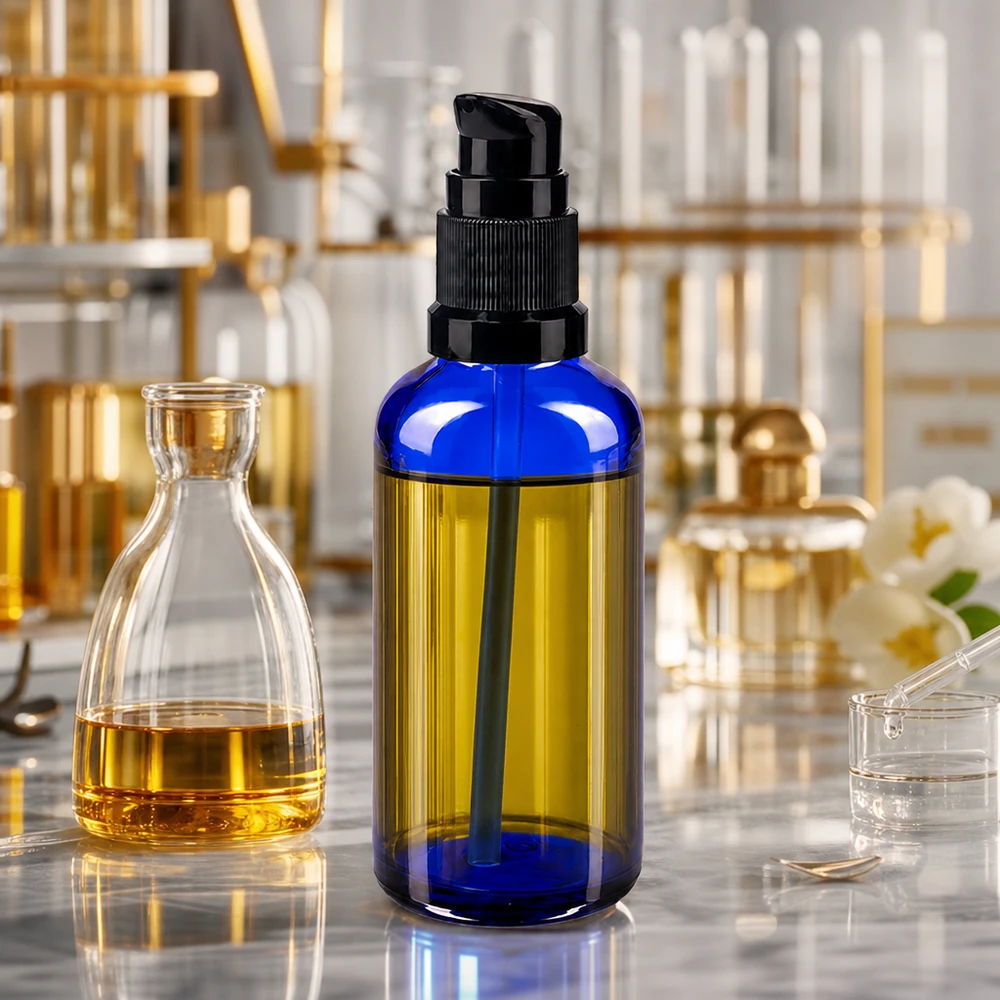 Apteekkipullo sininen 50ml pumppukorkki musta standardi Pieni sininen 50 ml:n apteekkilasipullo, jossa on musta pumppupää, kosmetiikkatuotteille