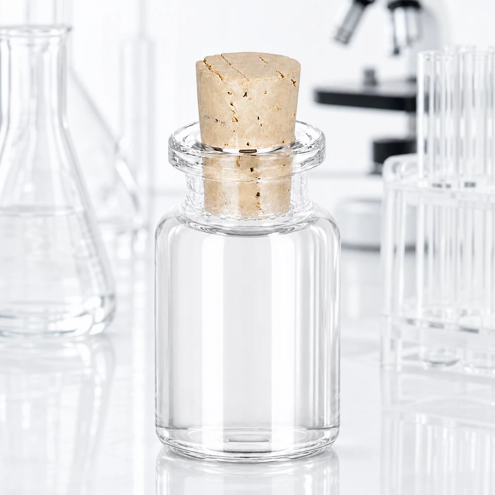 Medizinflasche 10ml Klarglas mit eingestecktem Naturkork vor Laborausstattung