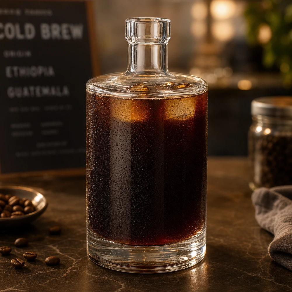500 ml:n lasipullo Marie, joka on täytetty kylmällä kahvilla, osoittaa soveltuvuutta kylmiin juomiin ja kahvilatunnelmaan.