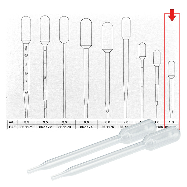 1 ml:n siirtopipetti (87x10mm) ilman asteikkoa. 1 ml:n siirtopipetti (87x10mm) ilman asteikkoa.