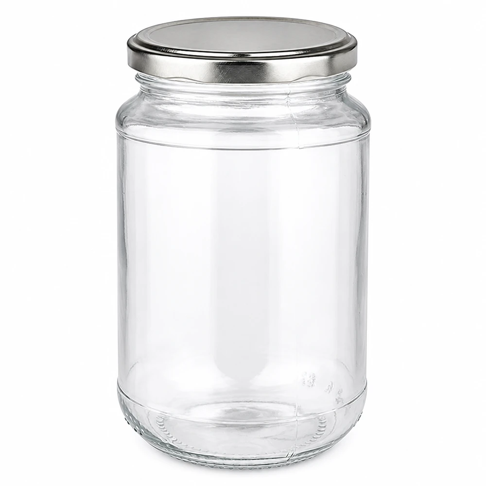 320 ml:n pyöreä lasi + BasicSeal hopea UNiTWIST 320 ml:n pyöreä lasipurkki, jossa on hopeinen BasicSeal Twist-Off -korkki kirkkaasta lasista, hilloille ja säilykkeille