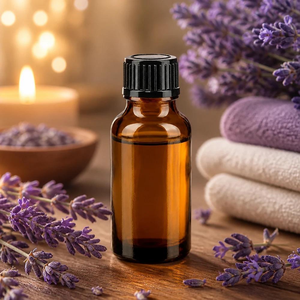 Apteekkipullo ruskea 20ml ruuvikorkki musta standardi Pieni ruskea apteekkipullo, 20 ml, jossa on laventelikukkia puutaustalla