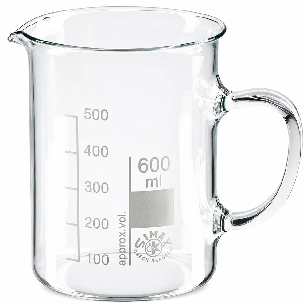 600 ml:n borosilikaattilasinen mittalasi, jossa on kahva ja millilitrimerkinnät 500 ml:aan asti